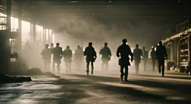 silhouette of troops walking in the tunnel