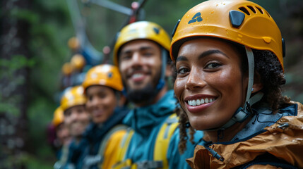 A diverse group of friends enjoying a scenic and adventurous zipline experience, diver in the sea, portrait of a couple in the park, diver in the mountains
