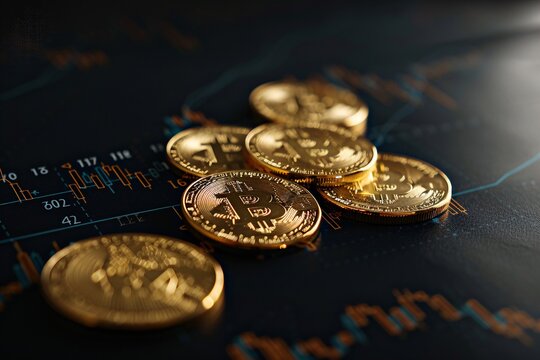 a group of gold coins on a black surface