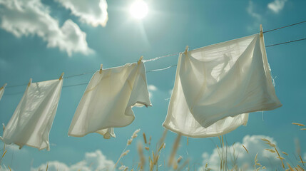 Fresh white clothes after laundry drying on a closeline. High-resolution