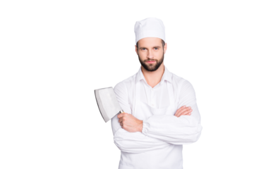 Portrait of handsome attractive butcher in beret having his arms crossed holding metal cleaver looking at camera isolated on grey background