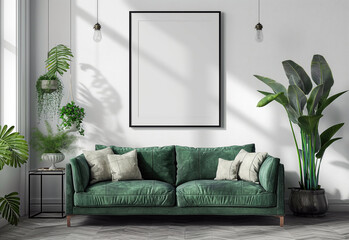 Vertical poster mockup, living room interior design of modern home decor with a blank frame on wall background. Scandinavian style in the style of a green  sofa. home decoration