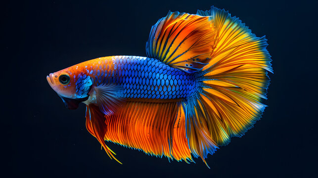 Electric blue betta fish with long tail swimming underwater