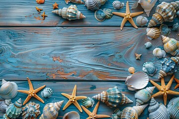 a group of seashells and starfish on a blue wood surface