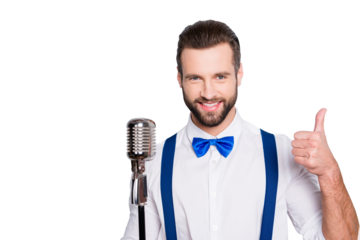 Portrait of attractive handsome singer with bristle wearing bow suspenders shirt showing thumb up, yes, done sign isolated on grey background