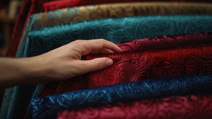 An artist's hand meticulously choosing between rich, textured velvet fabrics in deep emerald, royal blue, and burgundy, reflecting luxury and elegance for bespoke clothing - obrazy, fototapety, plakaty