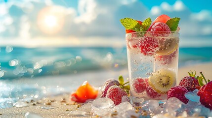 A wooden table by the shore has a glass of water with strawberries and lemons against blurry backdrop ans space for text or product, Generative AI.