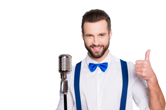 Portrait of attractive handsome singer with bristle wearing bow suspenders shirt showing thumb up, yes, done sign isolated on grey background