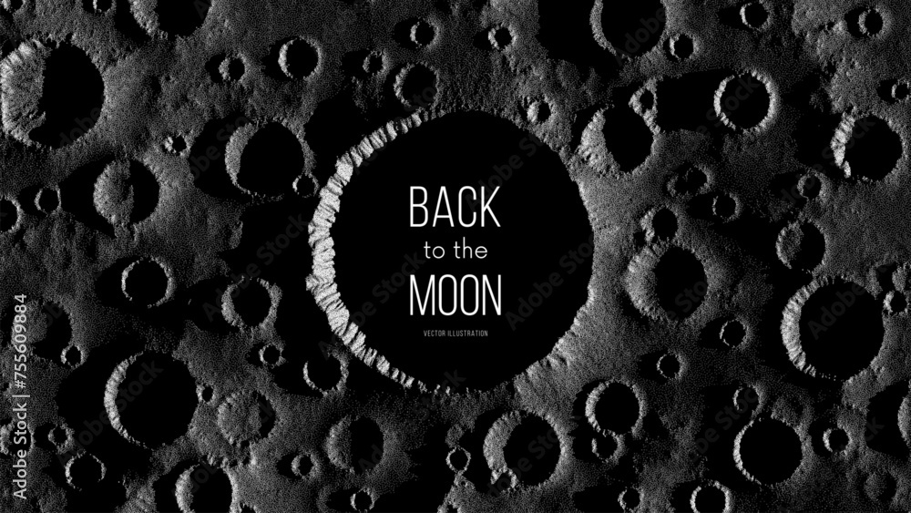 Aufkleber moon surface in stippling style with shadows and craters. close-up of huge lunar meteorite impact cr