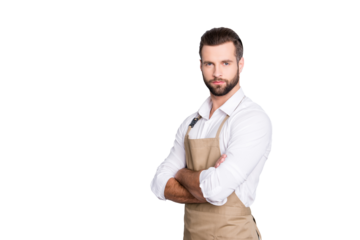 Portrait with copyspace, empty place for advertisement of half turned, concentrated attractive barber in shirt having his arms crossed, looking at camera, isolated on grey background