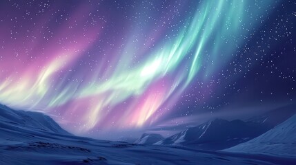 Colorful Purple and Blue Northern Lights Over Snowy Arctic Landscape.