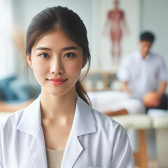 Obraz premium Portrait of Physiotherapist or chiropractor ready for physiotherapy, health consultation. Professional chiropractic physical therapy. Medical nurse scrub. reflexology. Hospital. Clinic. Generative AI