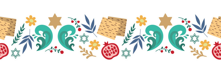 Passover seamless border with matzo, star of David, fruits and flowers. For backgrounds, cards, websites. Vector, isolated. - obrazy, fototapety, plakaty