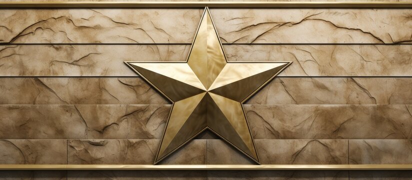 A gold star is prominently displayed on the side of a beige Soviet monument, adding a touch of grandeur to the structure. The marble beige tiles contrast with the shining star, creating a striking