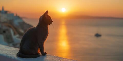 Schwarze Katze auf Santorin. Seeblick. Sanftes Abendlicht - obrazy, fototapety, plakaty