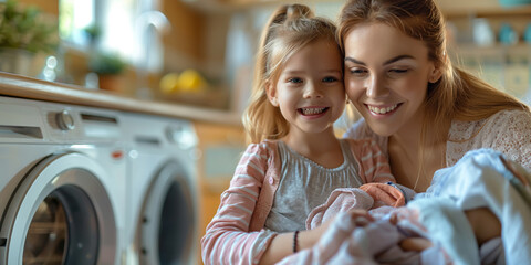 Frau sitzt neben der Waschmaschine und sortiert Kleidung, ein kleines Mädchen hält Kleidung in der Hand und grinst ihre Mutter an.