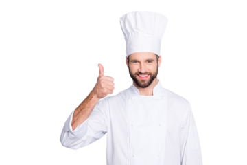 Portrait of cheerful joyful chef cook with stubble in beret, white outfit showing thumb up, approve menu, yes, done sign isolated on grey background, advertisement concept