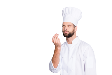 Portrait with copyspace, empty place for advertisement, product of attractive chef cook in beret with close eyes, white outfit making bellisimo symbol, sign with fingers, isolated on grey background