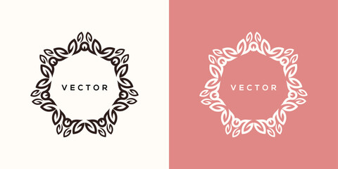 copy space Vector nature logo design template and monogram concept in linear style. flower and leaf frame with copy space for text or letterstext, flowers and leaves vector	
