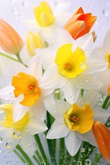 A delicate bouquet of Tulips with Daffodils in close-up. Spring flowers.