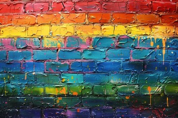 A brick wall with a bright, rainbow-colored paint job, showing an array of vivid hues in a textured finish.
