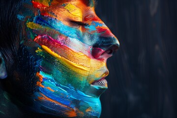 Close-up of a womans profile with her face artistically covered in bright rainbow-colored paint.