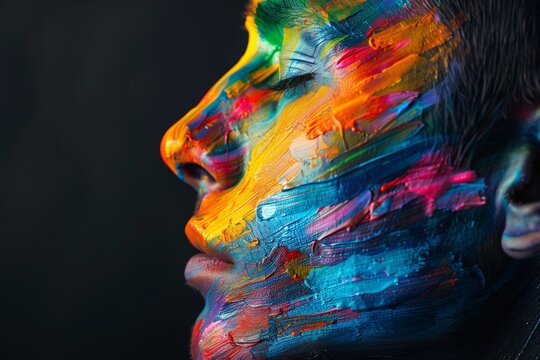 A womans face in profile, adorned with vibrant strokes of rainbow paint.