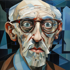 Artistic representation in shattered glass style of a senior man with spectacles in deep thought