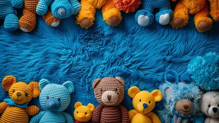 Above view of children's plush small teddy bears with clever decorations on the ground against a blue background with top view, Generative AI. - obrazy, fototapety, plakaty