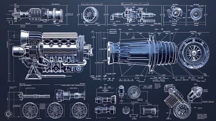 Blueprint of turbo engine machinery in blue with detailed another machine AI Image Generative - obrazy, fototapety, plakaty