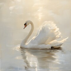Graceful Swan Gliding in Serenity Oil Painting with Soft Lighting and Pale Green Background