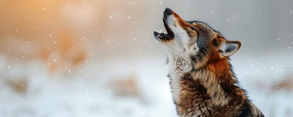 Majestic Wolf Howling in Winter Landscape Under Orange Night Sky