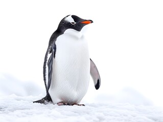Fototapeta premium Pensive Penguin Wandering in Cold Climate on Pristine White Background