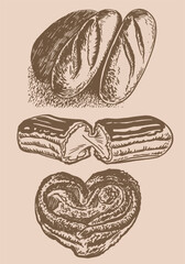 Vector hand-drawn buns on sepia  background, bakery and gastronomy elements of design	