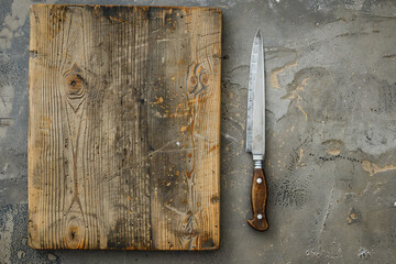 Knife and wooden board on grey textured table