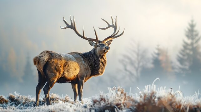 Majestic Red Deer in Misty Winter Landscape Basking in Soft Morning Light