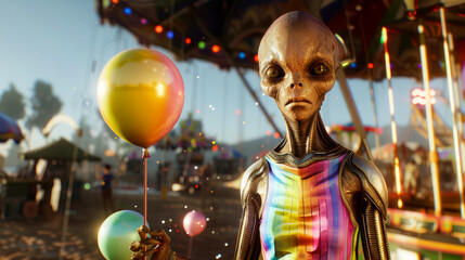 An alien with an intense look, wears a tailored rainbow gradient suit, standing in a carnival, holding pastel fluorescent balloons, alienor, I can't believe how beautiful this is, night sky with stars