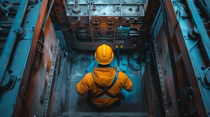 Aerial photograph of a lift mechanic fixing an elevator within a lift shaft against blue light in the backdrop with space for text, Generative AI. - obrazy, fototapety, plakaty