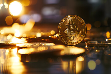 Golden bitcoin on the background of a blurred bokeh of light,Gleaming Bitcoin Amidst Golden Bokeh Lights