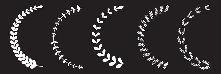 Laurel Wreath In Half Circle Shape Line and Silhouette Icon Set. Natural Heraldic Black Decoration Collection. Olive Leaf Ornate, Vintage Tree Branch, Floral Border. Isolated on black background.