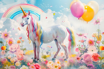 Colorful unicorn with vibrant rainbow, balloons, and flowers in a whimsical scene