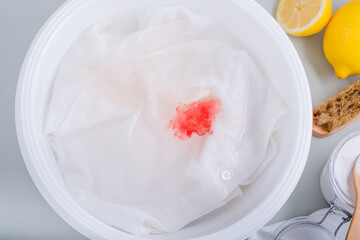 Homemade eco-friendly removing of stains on clothes with baking soda. Natural cleaning products....