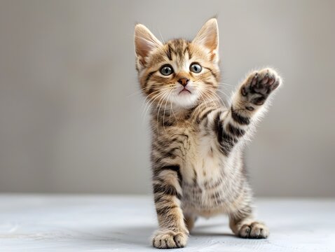 A kitten is standing on a table and playing with its paw