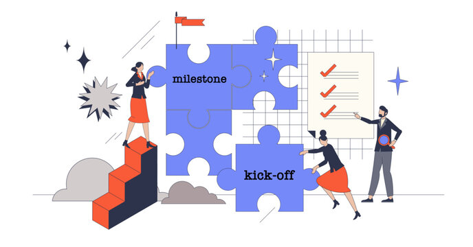 Project planning with effective workflow management retro tiny person concept, transparent background. Check task progress with milestones and kick off stages.