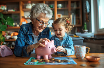 Happy grandmother and her smiling little granddaughter together with a pink piggy bank on a table at home, focusing on it, making a collage of coins in her hand. Financial education concept