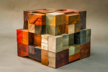 wooden puzzle cube, composed of blocks in various shades and grains, highlighting the beauty of craftsmanship