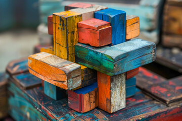 wooden puzzle cube, composed of blocks in various shades and pat