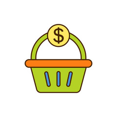 Shopping basket icon with dollar and money symbol. Color vector. 