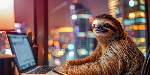 Naklejka premium A charismatic sloth comfortably seated at an office desk with a city nightscape in the background