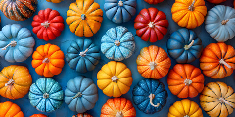 Fototapeta na wymiar Colorful pumpkins capturing the diverse and joyful beauty of autumn's harvest These visuals showcase the vibrant hues and festive charm of seasonal pumpkins, 